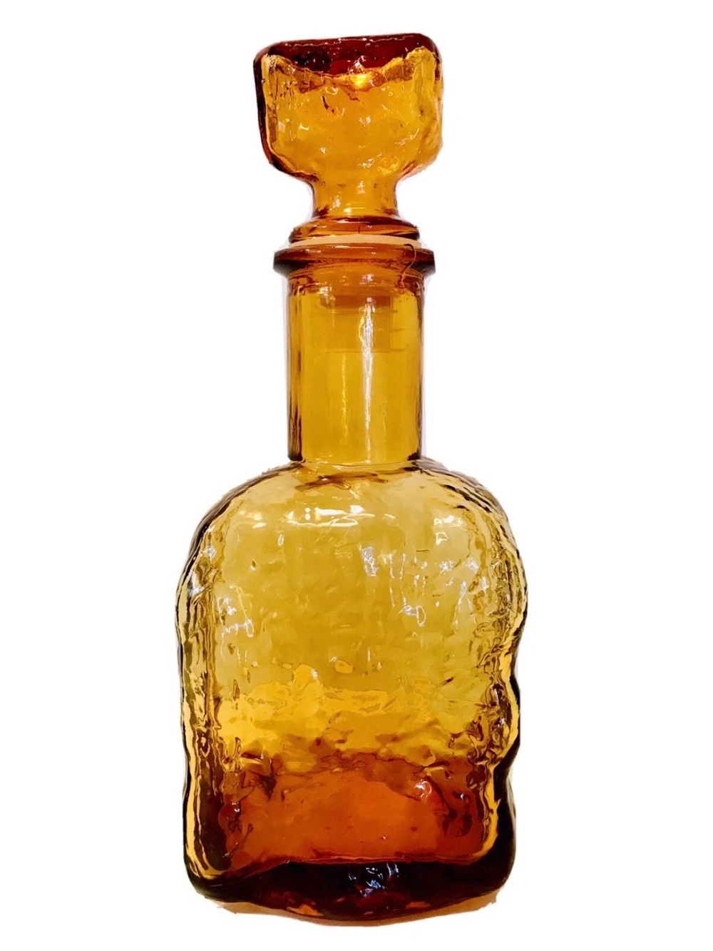 Italian Empoli Honey Amber Ripple Bark Glass Brutalist 1960's Decanter & Stopper